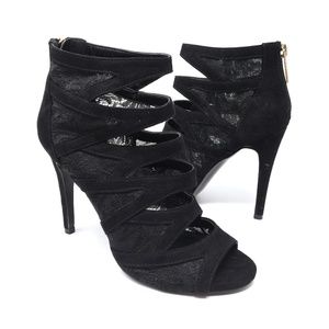 Aldo black lace open toe heels, ankle booties, 7.5